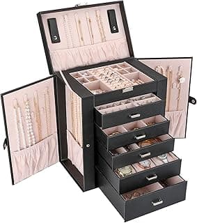 ProCase ProCase Large Jewelry Organizer Box for Women Girls, 6 Layers Storage Display Holder Case with Drawers and Dividers for Earrings Necklaces Rings Bracelets Watches -Black