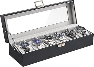 ProCase ProCase 6 Slot Lockable Watch Box for Men, PU Leather Watch Organizer with Soft Pillows and Glass Display Lid -Black