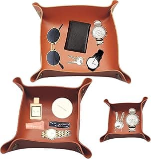 ALMEKAQUZ ALMEKAQUZ 3-Pack Leather Valet Trays - Foldable Travel Organizer for Jewelry, Watch, Wallet, Keys & Phone | Soft Catchall Desk Tray for Home, Office & On-The-Go Use