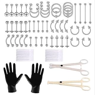 LinJie 64pcs Piercing Kit: Belly Button, Septum, Nose, Lip, Cartilage & Ear Piercings - 55pcs Jewelry, 14pcs Tools, 0.08kg