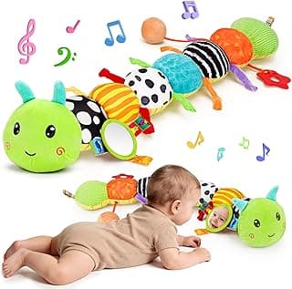 Baby Sensory Toy 0-6 Month Music Animal Stuffed Plush Caterpillar Toy for Infant 0-3-6 Month Tummy Time with Baby Mirror Crinkle Rattle for 6-12 Month Carseat Toys for Newborn Boys Girls Shower 1