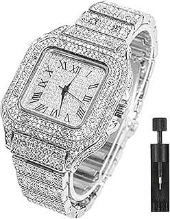 Azonee Diamond Watch, Azonee Square Dial diamond-set steel band Roman scale fashion quartz watch Wristband Analog Wrist Watch for Men Women, Silver