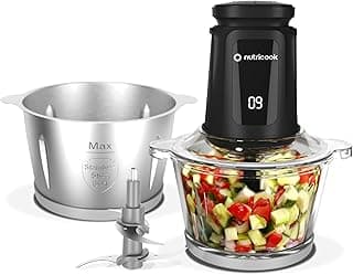 Nutricook 2+2 L XXXL Glass & SS Chopper and Mincer,500W - Pulse & 2 speeds, 2-Removable 4 SS -Blade for Chopping, Ice Crushing, Meat Mincing, Grinding, Pureeing & more - BLk, 2 Yr Warranty,NC-CH2000
