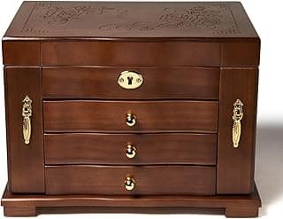 FEECOZ FEECOZ Wooden Jewelry Box for Women, Solid Wood Jewelry Organizer with Mirror and 3-Drawer, Ring,Necklacel,Vintage Style Storage Box with Lock (Dark Brown(Rose Pattern)