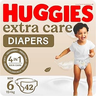 Huggies, Extra Care Baby Diapers, Size 6 (15+ kg), Jumbo Pack of 42 Diapers, Soft Pillows Absorb in Seconds, Absorbent Channels and Stretchy Waistband, 12h Day & Night Protection