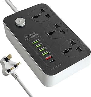 SKY-TOUCH Power Strips Extension Cord 3 Outlets, Power Socket with 5 USB & 1 Type-C Ports Universal Charging Socket with 2M Bold Extension Cord