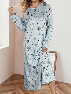 Plus-Size Women's Long-Sleeved Nightgown: Light Blue Base With Black Space Print, Round Neck, Soft Fabric, Loungewear
