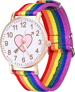 SHUNMUMU Rainbow Stripe Quartz Watch with Heart Design, Life Waterproof Nylon Strap Watch, Rose Gold Case, 1.5 Inch Dial