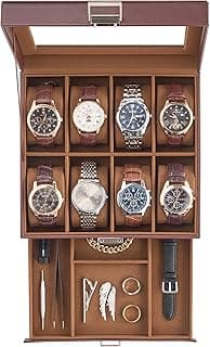 ProCase ProCase Watch Case, 8 Slot Mens Watch Box Holder Organizer with Glass Lid, 2-Layer Watches Display Case Jewelry Storage with Drawer, Birthday Christmas Gifts for Men Women -8 Slot, Espresso