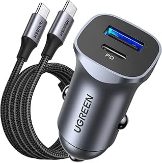 UGREEN Car Charger Fast Charging PD30W Dual Port USB C iPhone 17 Series, iPhone 16 Pro Max Charger Fast Charge Car Phone Adapter Plug with USB C Cable 1M Braided for Galaxy S25, iPad Pro, Xiaomi, etc