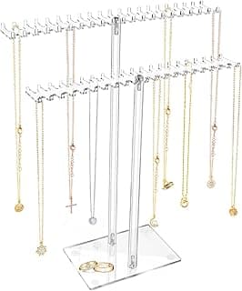 NALACAL Acrylic Necklace Organizer Stand - Clear Jewelry Display Holder with Hooks for Necklaces, Bracelets, Rings, and Pendants - Perfect for Home and Store (Tall 14.3 in+Tall 12.8 in)