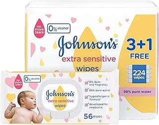 Johnson's Baby Wipes Extra Sensitive 3+1 Pack of 56 (224 Count) – 98% Pure Water, Gentle, Alcohol-Free & Mild for Baby’s Delicate Skin