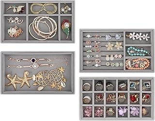 U HOOME U HOOME 4 Pack Stackable Jewelry Organizer Trays for Drawers, Jewelry Display Case Storage Container for Earring Necklace Rings Bracelet with Removable Dividers (Grey)