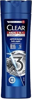 Clear Men 3in1 Shampoo for men, anti dandruff shampoo for Hair, Face & Body, Active Clean, 100% dandruff-free scalp^, refreshed & moisturized skin, 400ml