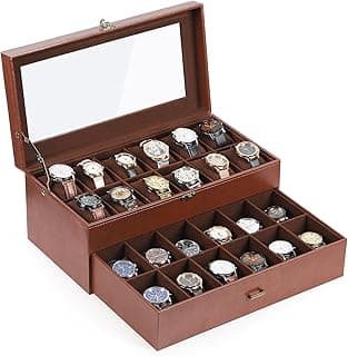 AUTOARK AUTOARK Leather & Velvet 24 Watch Box Glass Top Jewelry Display Drawer Lockable Case Organizer,Removable Watch Pillows,Coffee,MKAW033