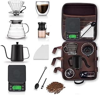 HJB VISSO Coffee Maker Set, 10 Pack V60 Pour Over Drip Coffee Set, Coffee Serving Sets, Travel Coffee Kit with Coffee Grinder, Server, Kettle, Filter, Scale & Glass Drip Funnle, Set-All in Gift Bag