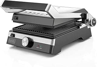 BLACK+DECKER Family Health Grill with 180° Hinge, 2000W, 1500cm2 BBQ Area, 5-Level Height Adjustment, Variable Temperature Control, Removable Drip Tray, Cool-Touch Handle, Black/Silver - CG2000-B5