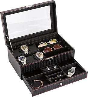 GDELINGZH Carbon Fiber Watch Storage Box, Exquisite Watch Box with Glass Top, Black Leather Exterior, Red Stitching, Metal Clasp Closure - Luxury Storage for Men's Watches (6-slot double layer)