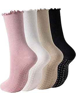 CATFATSOCKEXPERT 90% Cotton Pilates Yoga Socks with Grips for Women - Crew Length Ballet Barre Socks - Sticky Workout Hospital Socks 4 Pairs