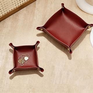 2 Size PU Leather Valet Trays,Square Desk Organizer Catchall Tray Set,Folding Travel Organizer,Jewelry Key Cosmetic Storage Tray for Entryway Dresser Desktop(Dark Red)