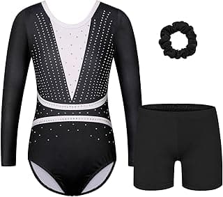 BAOHULU Gymnastics Leotards for Girls Long Sleeve Sparkly Cute Pattern Dance Outfit with Matching Shorts Set
