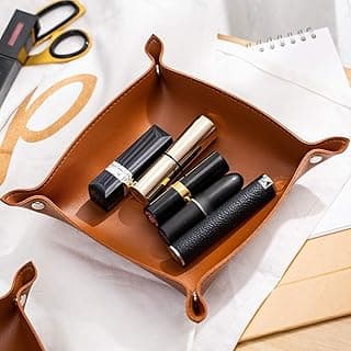 Sawanork Leather Jewelry Valet Tray, Portable Entryway Table Tray Bedside Nightstand Desk Tray Small Catchall Travel Dish Plate for Key, Wallet, Watch, Coin, Lipstick (Brown)