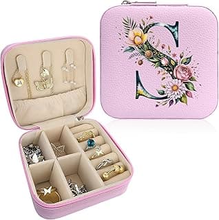 Monogram Jewelry Box Portable Print Jewelry Box, 1pcs Pink Compact Jewelry Box Travel Jewelry Case Travel Case Organizer Bag Storage Box Jewelry Holder For Necklace Earrings Rings Bracelet (Letter S)