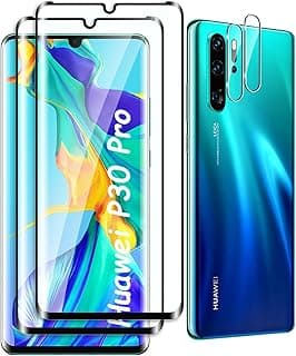 [2+2 Pack] Tempered Glass Screen Protector compatible with Huawei P30 Pro and Camera, No Bubbles, 9H Hardness, Anti-Scratch, 3D Curved, HD Screen Protector for Huawei P30 Pro