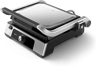 Philips Contact Grill 5000 Series - 2200W, Open 180° Flat Grilling, Adjustable Height, Removable Plates, High Power, Handle Lock, Silver/Black - HD6301/90
