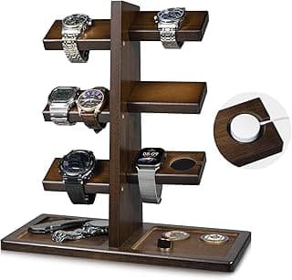 NALACAL Wooden Watch Holder Stand with Charging Station - Multi-Level Display Tower for Watches, Jewelry, Rings & Bracelets, Sleek Organizer with Qi Wireless Charger - Perfect Gift for Men (Walnut Finish)
