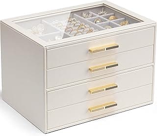 VLANDO Vlando 4 Layer Jewelry Box for Women, Glass Lid Jewelry Organizer with 4 Drawers for Necklaces Rings Earrings Bracelets - Cloud White