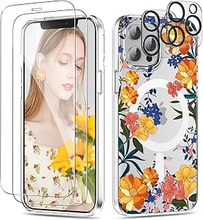 R-fun for iPhone 13 Pro Max case, Compatible with MagSafe, with 2x Screen Protector + 2x Camera Lens Protector,[Anti-Yellowing] Clear Floral Slim Protective Case for 13 Pro Max 6.7 inch -Freesia