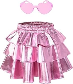 Azonee Girls' Sparkle Metallic Skirts 3-Layer Ruffle Sequin Tutu Dance Skirt with Sunglasses for Kids 6-15 Years (10Y)