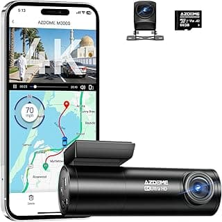 كاميرا القيادة AZDOME 4K أمامية وخلفية، WiFi 5GHz، GPS، كاميرا مزدوجة، تصميم صغير، مع بطاقة SD 64GB، وضع مراقبة 24 ساعة، رؤية ليلية، WDR، زاوية واسعة 170°، مستشعر G، تحكم عبر التطبيق، تدعم حتى 256GB.