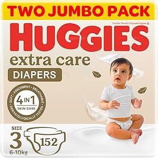 Huggies, Extra Care Baby Diapers, Size 3 (6 - 10 kg), Twin Jumbo Pack of 152 Diapers, Soft Pillows Absorb in Seconds, Absorbent Channels and Stretchy Waistband, 12h Day & Night Protection