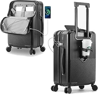 Mylindde Carry On Luggage, 20 Inch Hardside Luggage, Carry On Suitcase with Front Open Laptop Compartment and Pocket, with Combination Lock, 4 Spinner Wheels, Cup Holder and USB Port (Black)