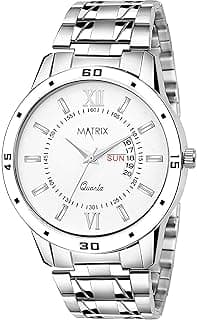 Matrix Antique Day & Date Leather Strap Analog Silicone Watch For Men & Boys - Black, White - Silver, Free Size, strap