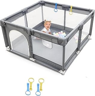 SKY-TOUCH Baby Playpen, 200x200cm Extra Large Playard for Babies and Toddlers, Sturdy Anti-Fall Activity Center with Breathable Mesh and Zipper Door, Anti-Slip Suction Cup Base - with 4 Pull-Up Ring
