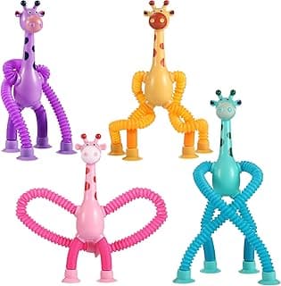 4Pcs Giraffe Pop Tube Sensory Toys, Telescopic Suction Fidget Toys for Autism, Toddler Travel & Airplane Activities, 2025 Boy & Girl Christmas Stocking Stuffers Gift Idea