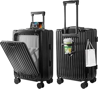 TDOO 20 Inch Front Open Suitcase with USB Port & Laptop Compartment,Anti-Drop Carry-On Trolley,Expandable Hard Case with Cup Holder Perfect for Business Travel & Gulf Trips(Black)