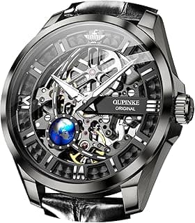 OUPINKE Mens Mechanical Wrist Watch Luxury Business Skeleton Leather Automatic Self Winding Waterproof 50M/5ATM Luminous Watches for Men Gift