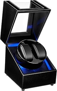 Mcbazel Dual Watch Winder Dual Position PU Leather Watch Winder 5 Modes Automatic Rotation Storage Box with USB Charging and Blue LED Light - Black, Black
