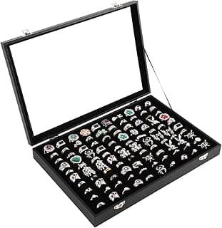 Pengup Pengup 100 Slots Ring Case Organizer Display Box,Rings Holder Storage Boxes for Jewelry Showcase with Glass Lid (Black Velvet).