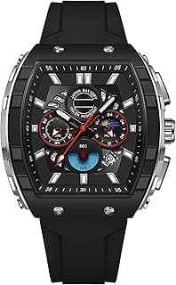 KASTWAVE Tonneau Watches for Men Chronograph Date Luminous Wristwatch, White Silicone Strap, Analog Quartz Watch, Business Casual Dress Designer Watch for Men