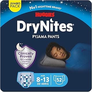 Huggies, DryNites Bedwetting Pyjama Pants for Boys, Pullup Diaper Pants Age 8-13 (27-57 kg), Jumbo Pack of (13 x 4) Night Pants, Maximum Absorbency, Underwear-like Design for Teens
