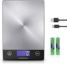 CROWNFUL 15Kg Food Scale, Rechargeable 304 Stainless Steel Digital Kitchen Scale Grams and Ounces with LCD Display and Type-C Charging for Baking and Cooking