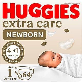 Huggies, Extra Care Newborn Diapers, Size 1 (Up to 5 kg), Jumbo Pack of 64 Diapers, Dual Zone Technology for Delicate Skin, Wetness Indicator, Day & Night Protection
