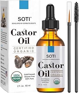 Organic Castor Oil, Made in USA, USDA Certified 100% Pure, Cold Pressed, Hexane Free, Stimulate Growth for Eyelashes, Eyebrows, Hair, Skin Moisturizer by Soti (2oz)