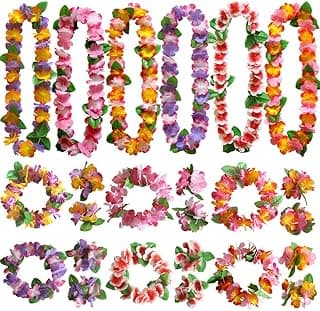 Benting Benting 24 PCS Hawaiian Wreath Headband Wristbands Tropical Hawaii Necklace Headpiece Bracelets Wedding Vacation Summer Beach Carnival Party Decorations