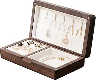 KASTWAVE Walnut Wooden Small Jewelry Box Portable Travel Case, Mini Organizer for Rings Earrings Necklaces Bracelets Storage for Women Girls Men
